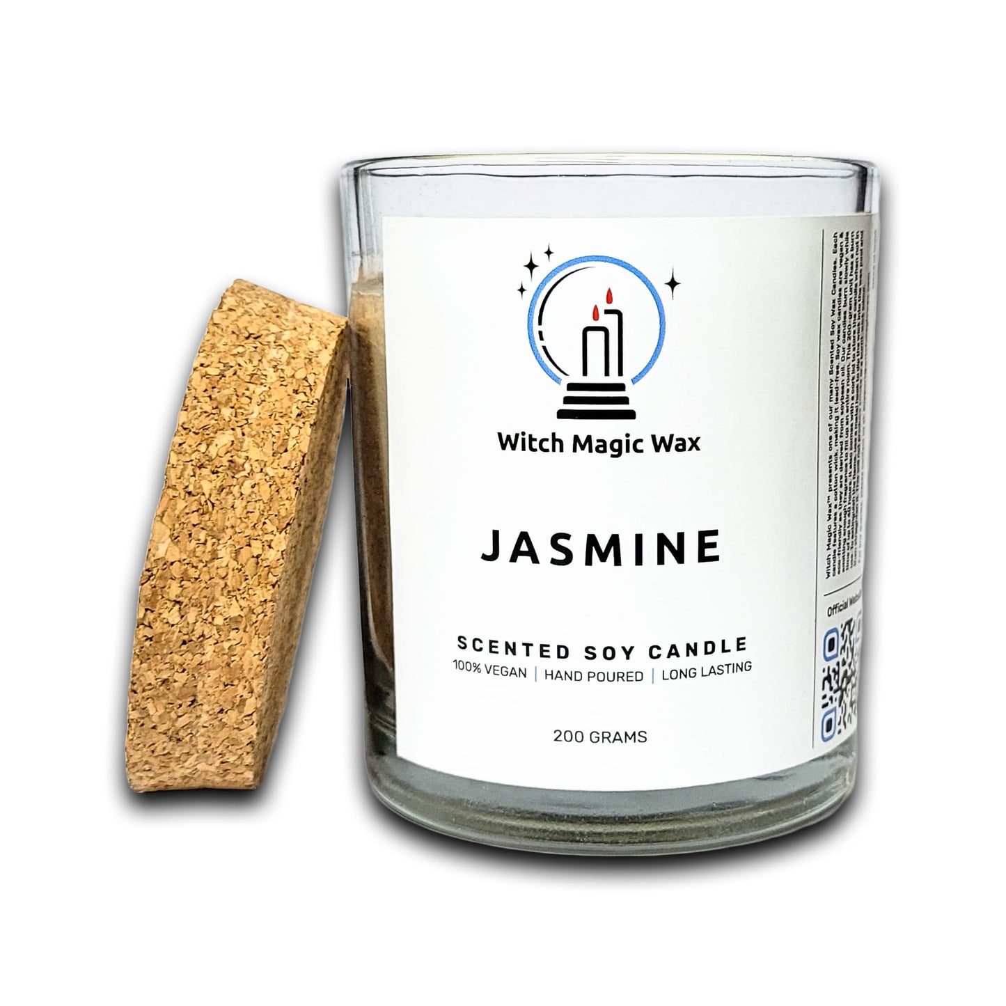 Jasmine Scented Soy Candle - Clear Glass Jar - Cork Lid - 200g